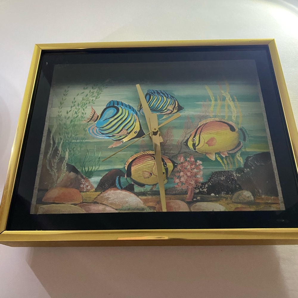 Yellow Framed Tropical Fish Wall Art Clock - Coastal Aquarium Accent